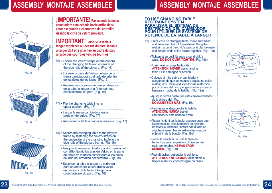 Assembly montaje assemblee, Importante, Important | BabyTrend PY81923 - NURSERY CENTER - EMILY User Manual | Page 13 / 16