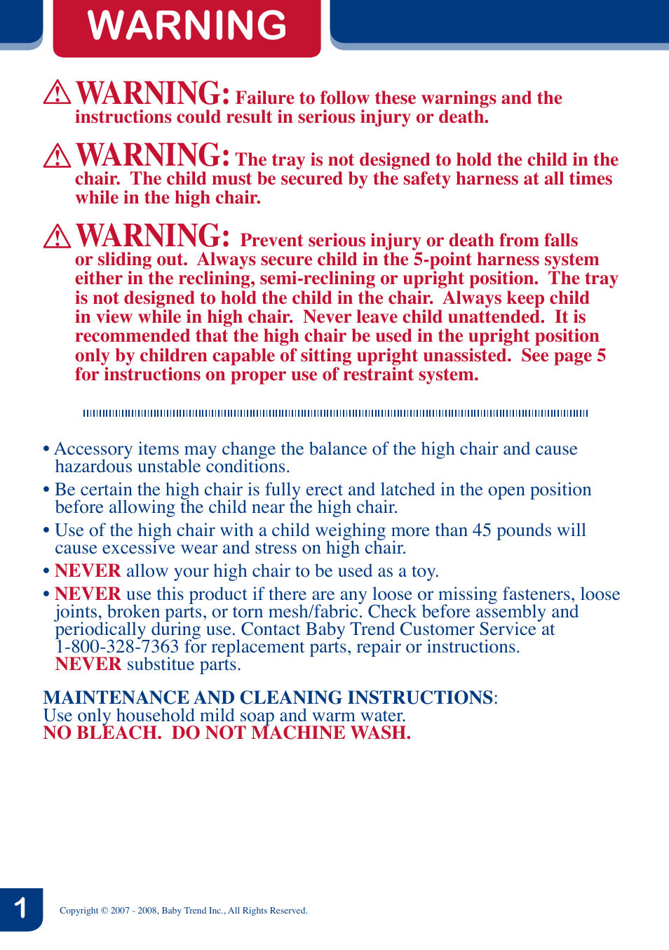 Warning | BabyTrend 8858 - TREND HIGH CHAIR - NAMBIA User Manual | Page 2 / 8