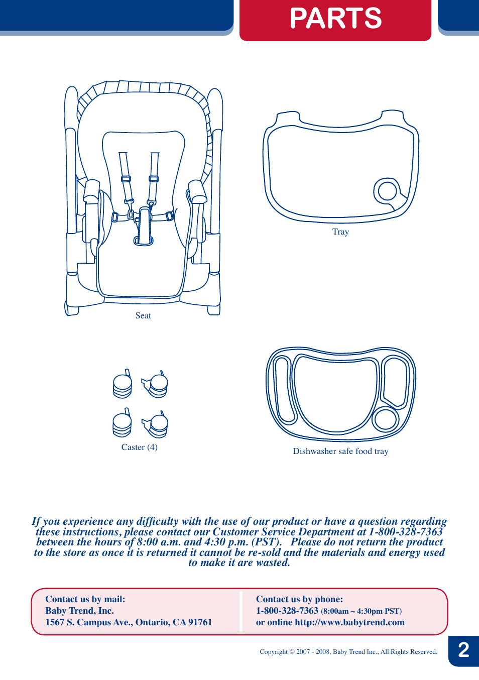 Parts | BabyTrend 8858 - TREND HIGH CHAIR - NAMBIA User Manual | Page 3 / 8