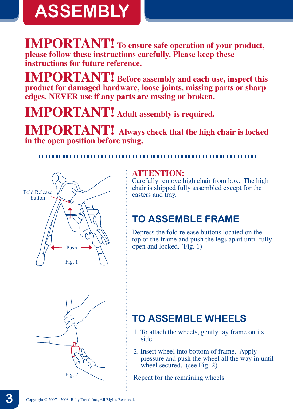 Assembly, Important | BabyTrend 8858 - TREND HIGH CHAIR - NAMBIA User Manual | Page 4 / 8