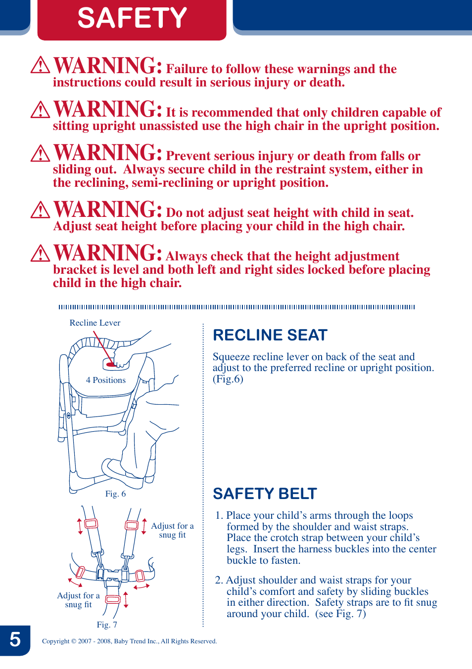 Safety, Warning, Recline seat | Safety belt | BabyTrend 8858 - TREND HIGH CHAIR - NAMBIA User Manual | Page 6 / 8