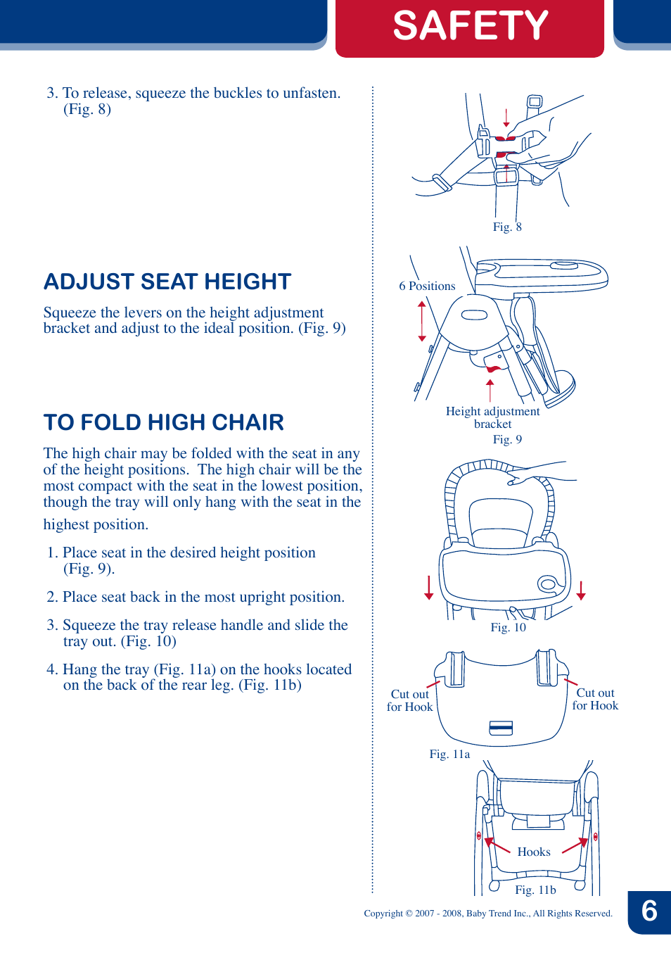 Safety, Adjust seat height | BabyTrend 8858 - TREND HIGH CHAIR - NAMBIA User Manual | Page 7 / 8