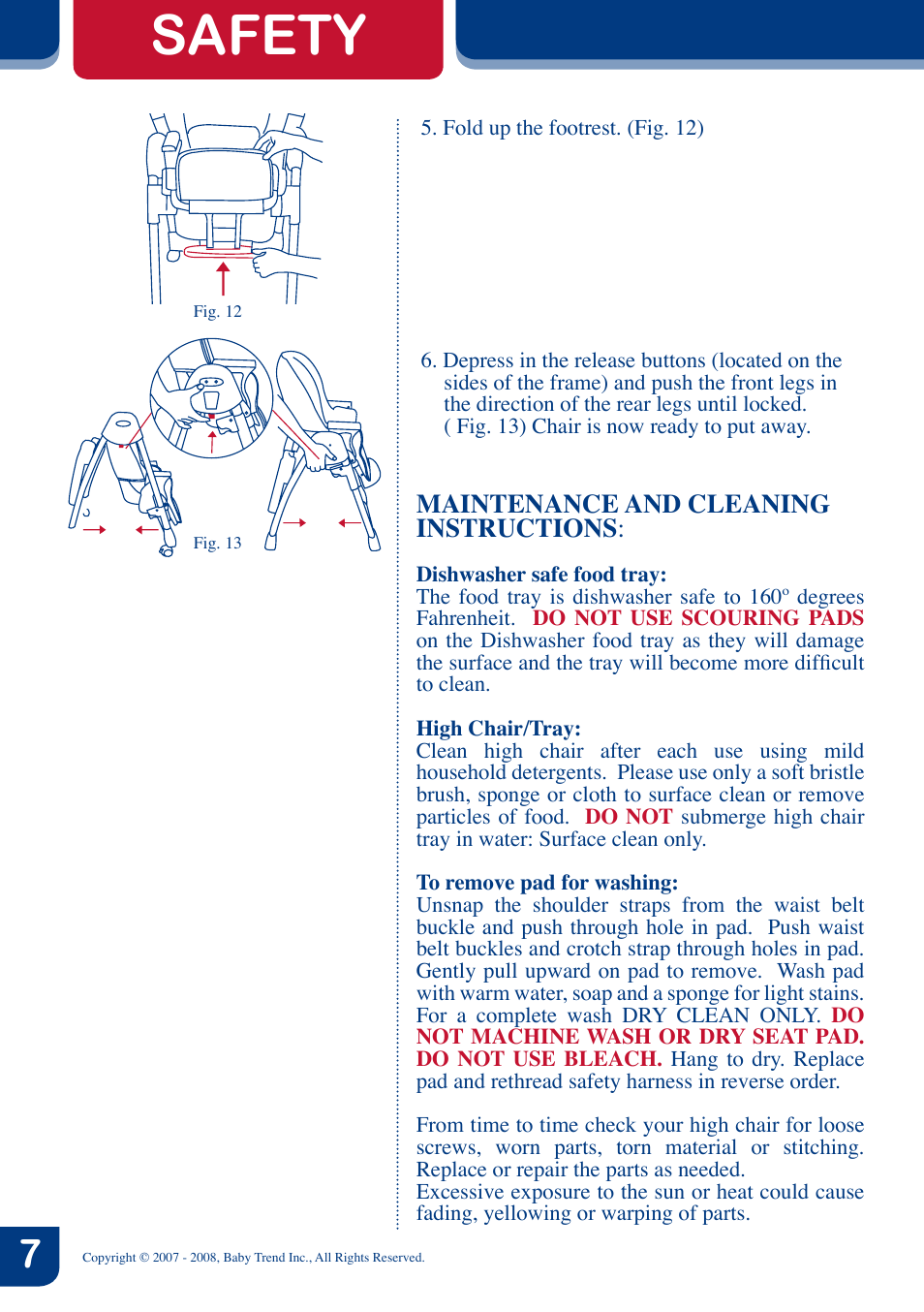 Safety, Maintenance and cleaning instructions | BabyTrend 8858 - TREND HIGH CHAIR - NAMBIA User Manual | Page 8 / 8