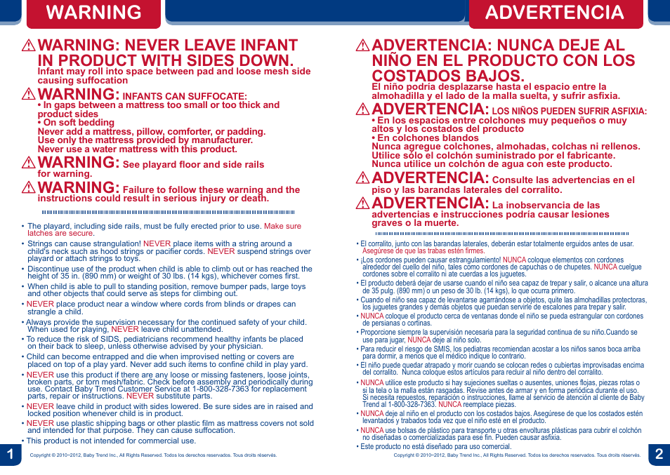 Warning, Advertencia | BabyTrend PY86992 - DELUXE NURSERY CENTER - PROVENCE User Manual | Page 2 / 20