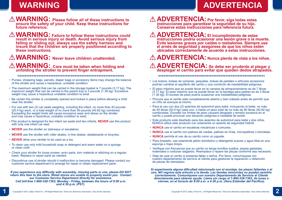 Warning, Advertencia | BabyTrend SG33100 - SNAP-N-GO DOUBLE User Manual | Page 2 / 10