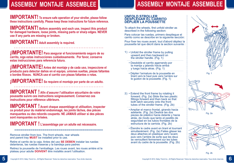 Assembly montaje assemblee, Important, Importante | BabyTrend SG33100 - SNAP-N-GO DOUBLE User Manual | Page 4 / 10