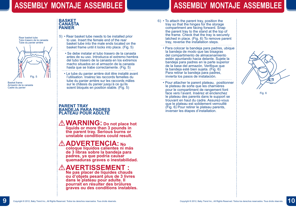 Assembly montaje assemblee, Warning, Advertencia | Avertissement | BabyTrend SG33100 - SNAP-N-GO DOUBLE User Manual | Page 6 / 10