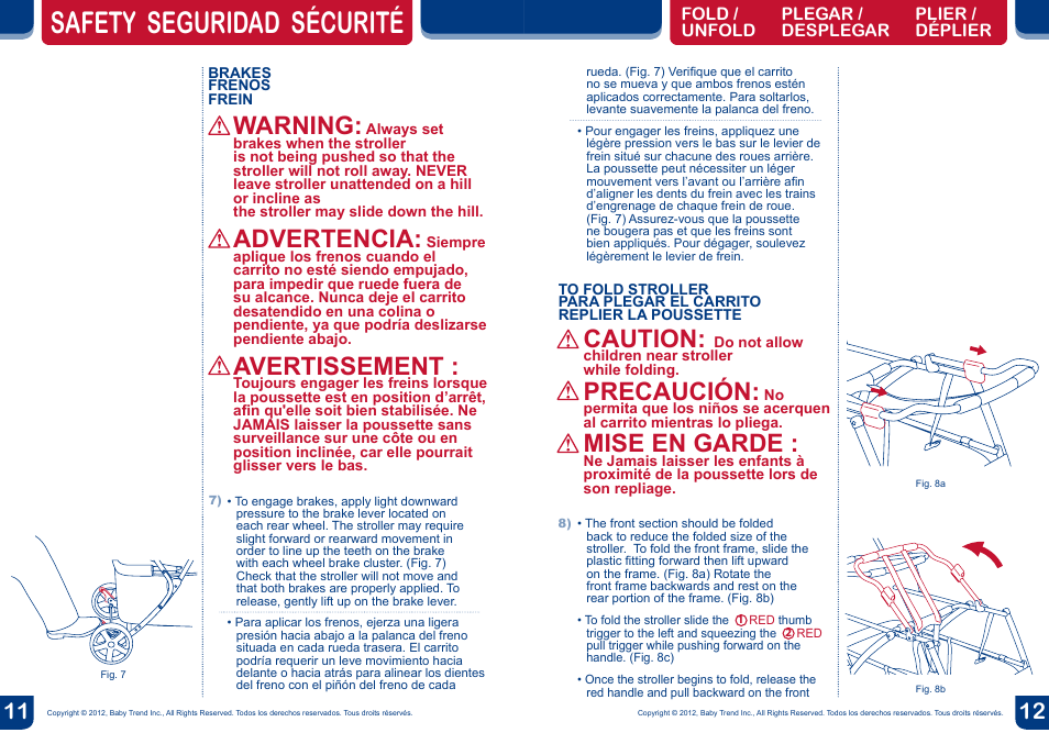 Safety seguridad sécurité, Caution, Precaución | Mise en garde, Warning, Advertencia, Avertissement | BabyTrend SG33100 - SNAP-N-GO DOUBLE User Manual | Page 7 / 10