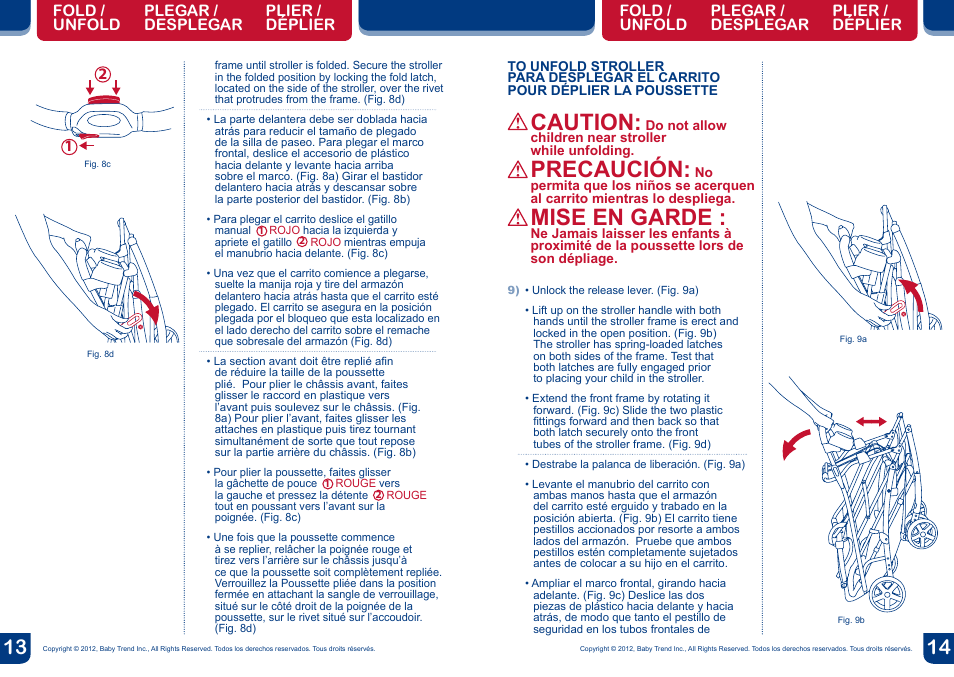 Caution, Precaución, Mise en garde | BabyTrend SG33100 - SNAP-N-GO DOUBLE User Manual | Page 8 / 10