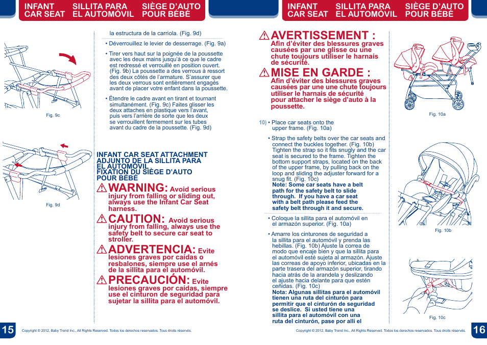 Warning, Caution, Advertencia | Precaución, Avertissement, Mise en garde | BabyTrend SG33100 - SNAP-N-GO DOUBLE User Manual | Page 9 / 10