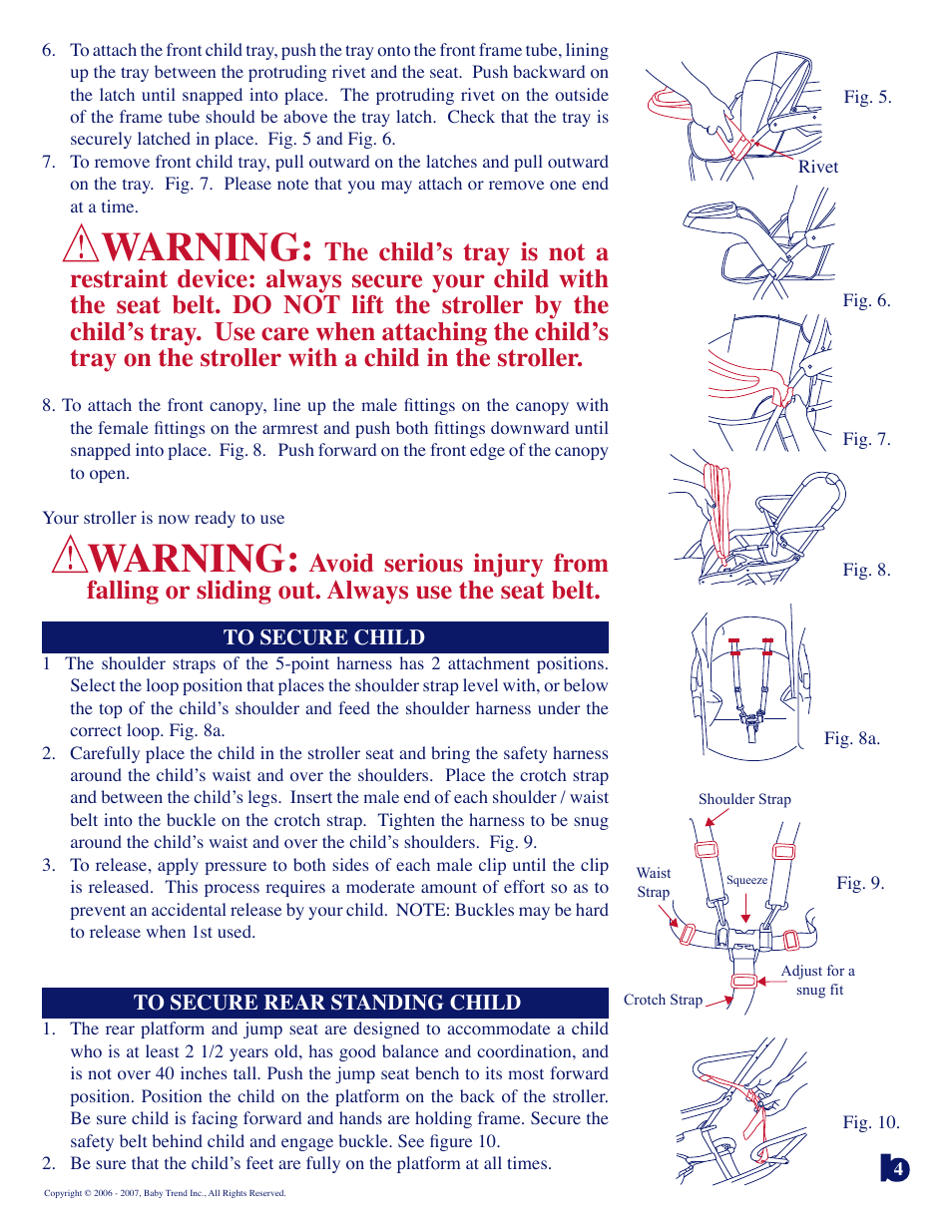 Warning | BabyTrend SS73443 - SIT N' STAND LX STROLLER - COLUMBIA User Manual | Page 4 / 7
