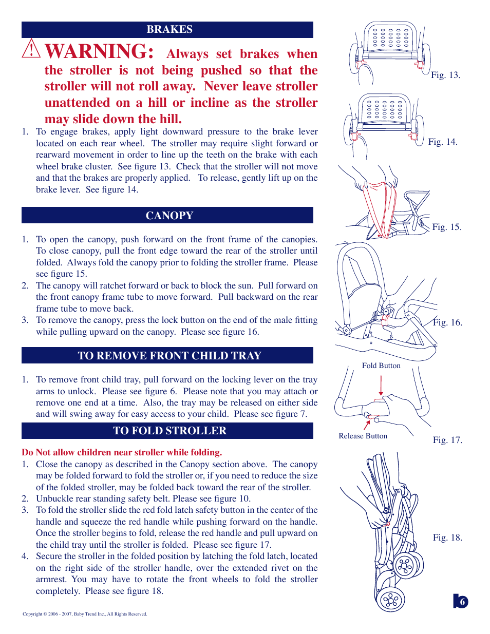 Warning | BabyTrend SS73443 - SIT N' STAND LX STROLLER - COLUMBIA User Manual | Page 6 / 7