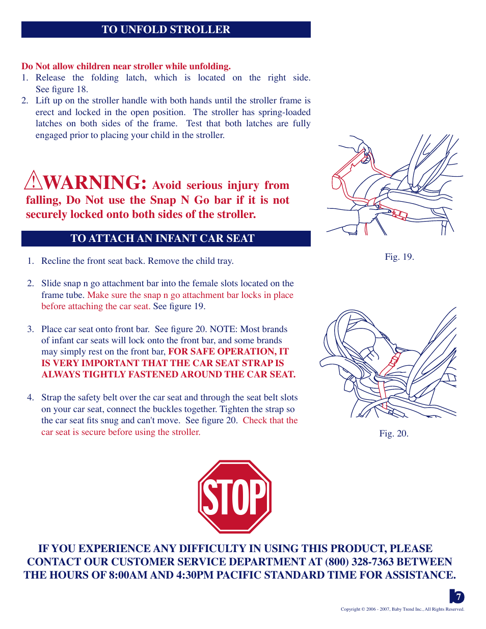 Stop, Warning | BabyTrend SS73443 - SIT N' STAND LX STROLLER - COLUMBIA User Manual | Page 7 / 7