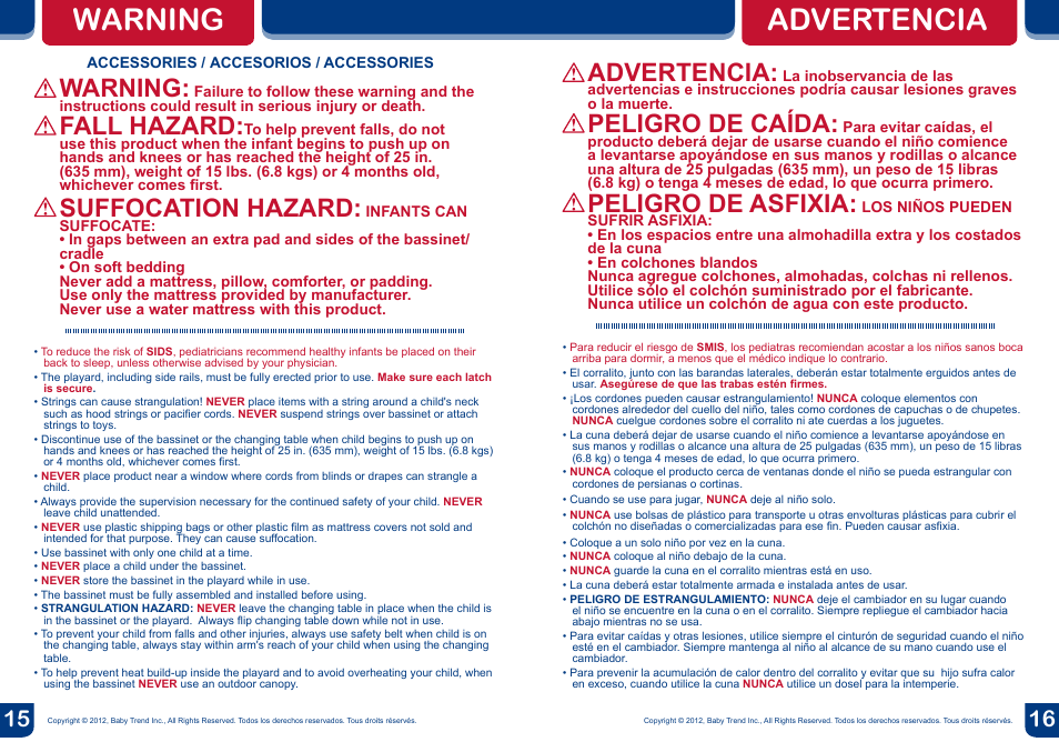 Warning advertencia, Advertencia, Peligro de caída | Peligro de asfixia, Warning, Fall hazard, Suffocation hazard | BabyTrend PY81972 - NURSERY CENTER - BREANNA User Manual | Page 9 / 16