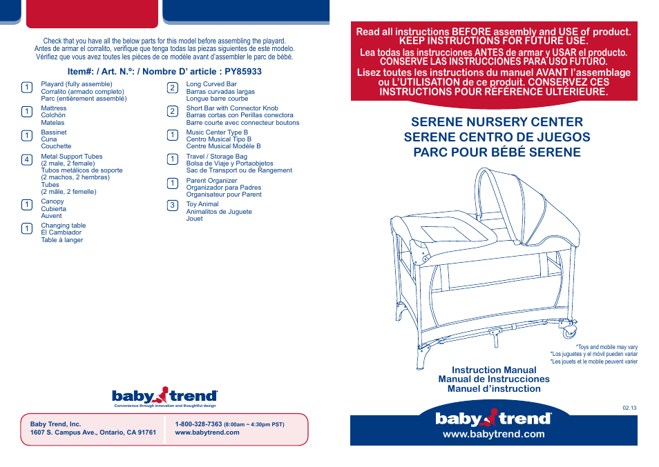 BabyTrend PY85933 - SERENE NURSERY CENTER - MOD BUG User Manual | 20 pages
