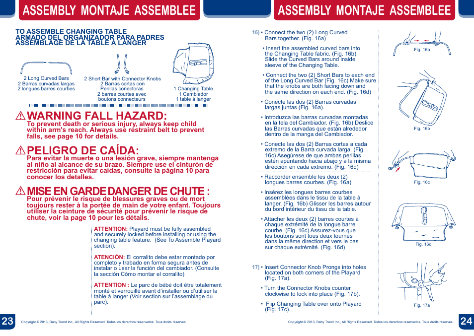 Assembly montaje assemblee, Warning fall hazard, Peligro de caída | Mise en garde, Danger de chute | BabyTrend PY85933 - SERENE NURSERY CENTER - MOD BUG User Manual | Page 13 / 20