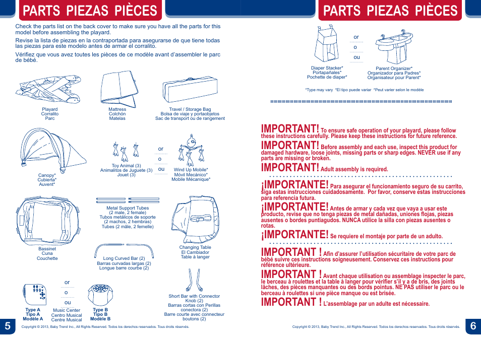 Parts piezas pièces, Important, Importante | BabyTrend PY85933 - SERENE NURSERY CENTER - MOD BUG User Manual | Page 4 / 20