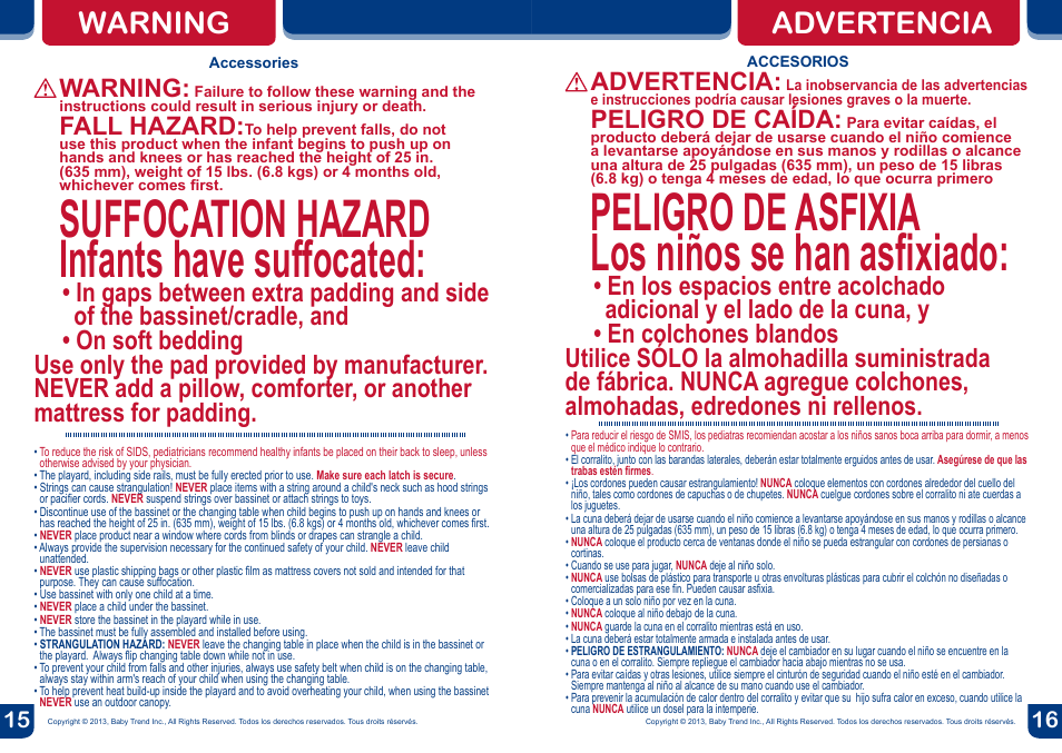 Suffocation hazard infants have suffocated, Peligro de asfixia los niños se han asfixiado, Warning advertencia | Warning, Fall hazard, Advertencia, Peligro de caída | BabyTrend PY85933 - SERENE NURSERY CENTER - MOD BUG User Manual | Page 9 / 20