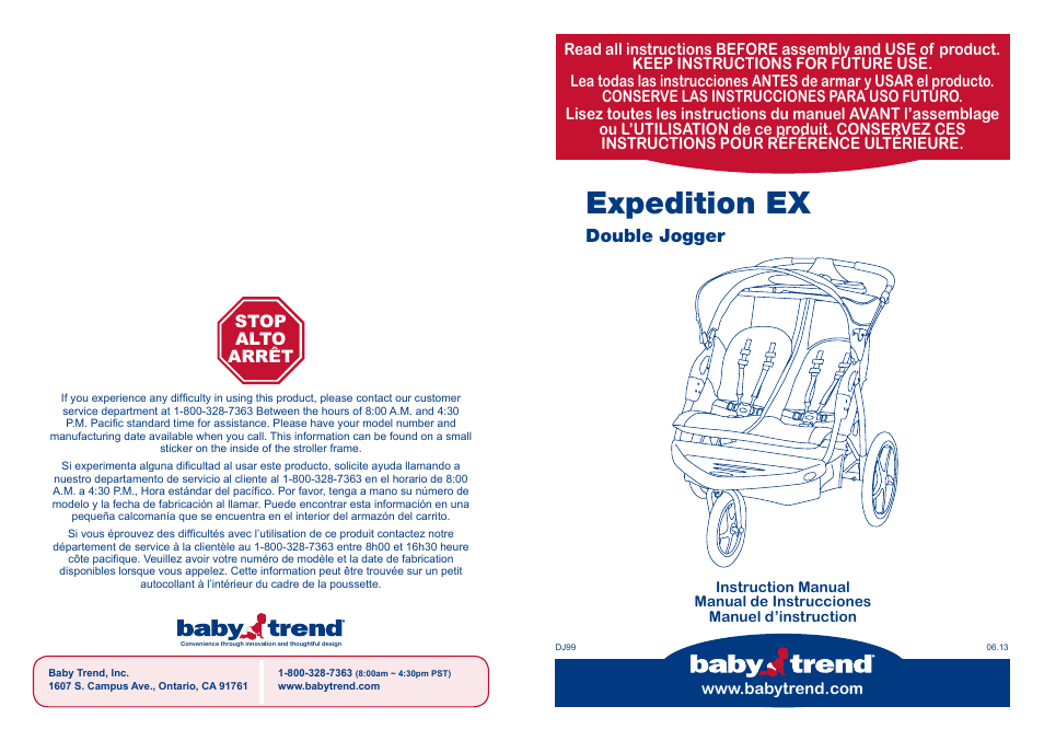 BabyTrend DJ99156 - EXPEDITION DOUBLE JOGGER - CONCORD User Manual | 14 pages