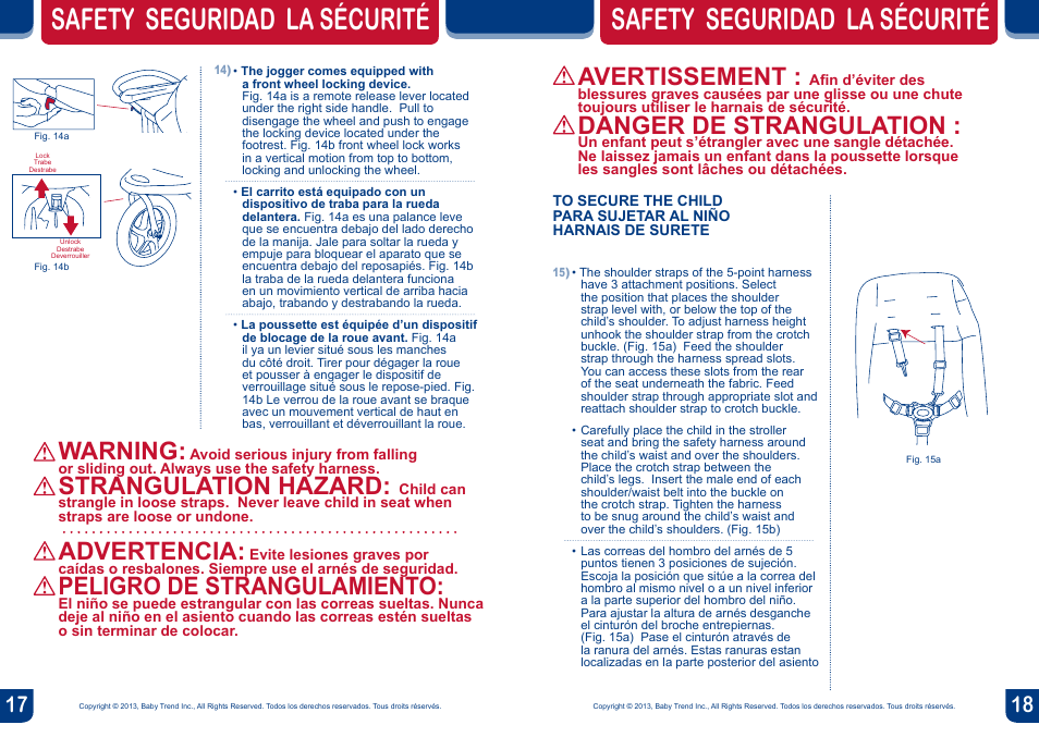 Safety seguridad la sécurité, Avertissement, Danger de strangulation | Warning, Strangulation hazard, Advertencia, Peligro de strangulamiento | BabyTrend DJ99156 - EXPEDITION DOUBLE JOGGER - CONCORD User Manual | Page 10 / 14