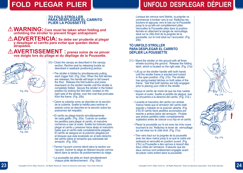 Unfold desplegar déplier fold plegar plier, Warning, Advertencia | Avertissement | BabyTrend DJ99156 - EXPEDITION DOUBLE JOGGER - CONCORD User Manual | Page 13 / 14
