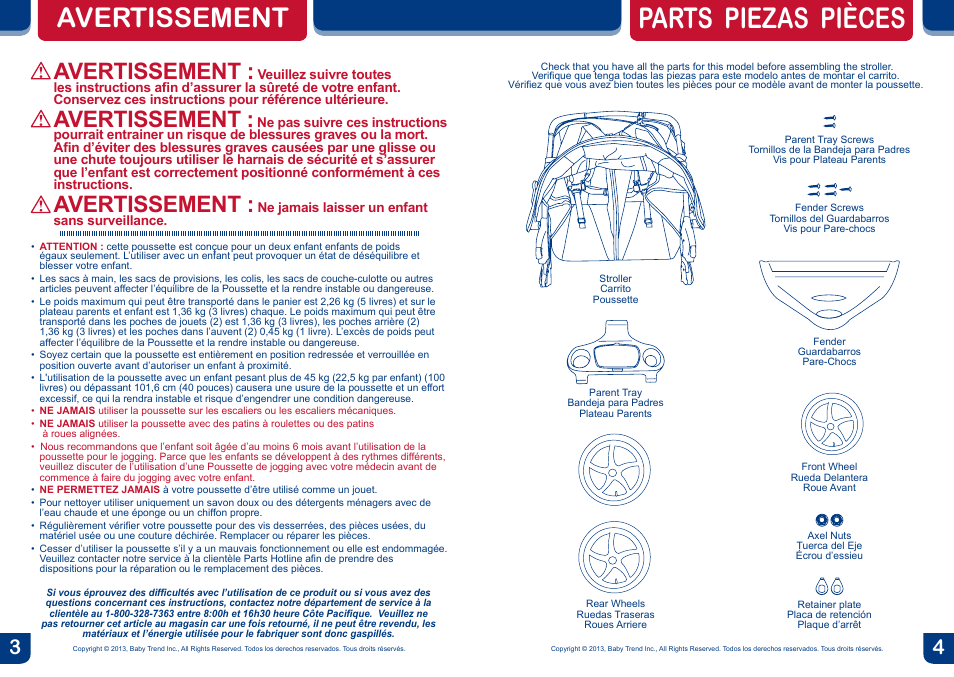 Parts piezas pièces, Avertissement | BabyTrend DJ99156 - EXPEDITION DOUBLE JOGGER - CONCORD User Manual | Page 3 / 14