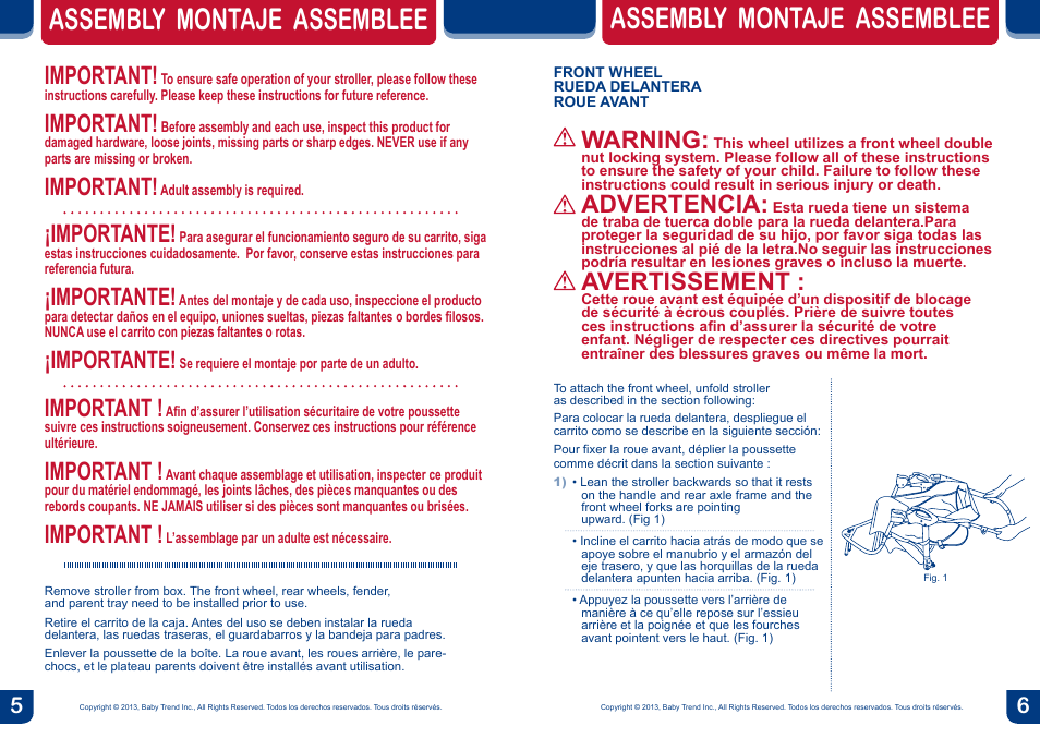 Assembly montaje assemblee, Warning, Advertencia | Avertissement, Important, Importante | BabyTrend DJ99156 - EXPEDITION DOUBLE JOGGER - CONCORD User Manual | Page 4 / 14