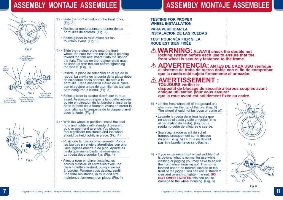 Assembly montaje assemblee, Warning, Advertencia | Avertissement | BabyTrend DJ99156 - EXPEDITION DOUBLE JOGGER - CONCORD User Manual | Page 5 / 14