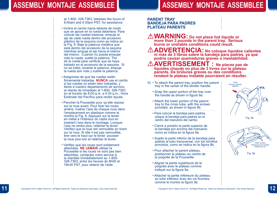 Assembly montaje assemblee, Warning, Advertencia | Avertissement | BabyTrend DJ99156 - EXPEDITION DOUBLE JOGGER - CONCORD User Manual | Page 7 / 14