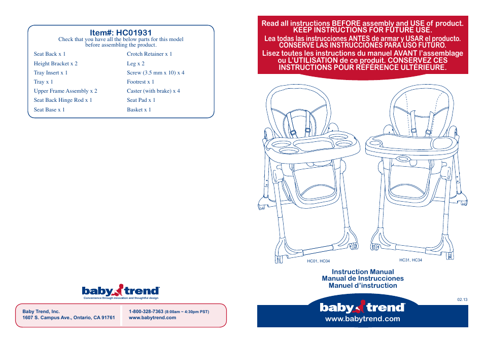 BabyTrend HC01931 - TREND HIGH CHAIR - MONKEY PLAID User Manual | 14 pages