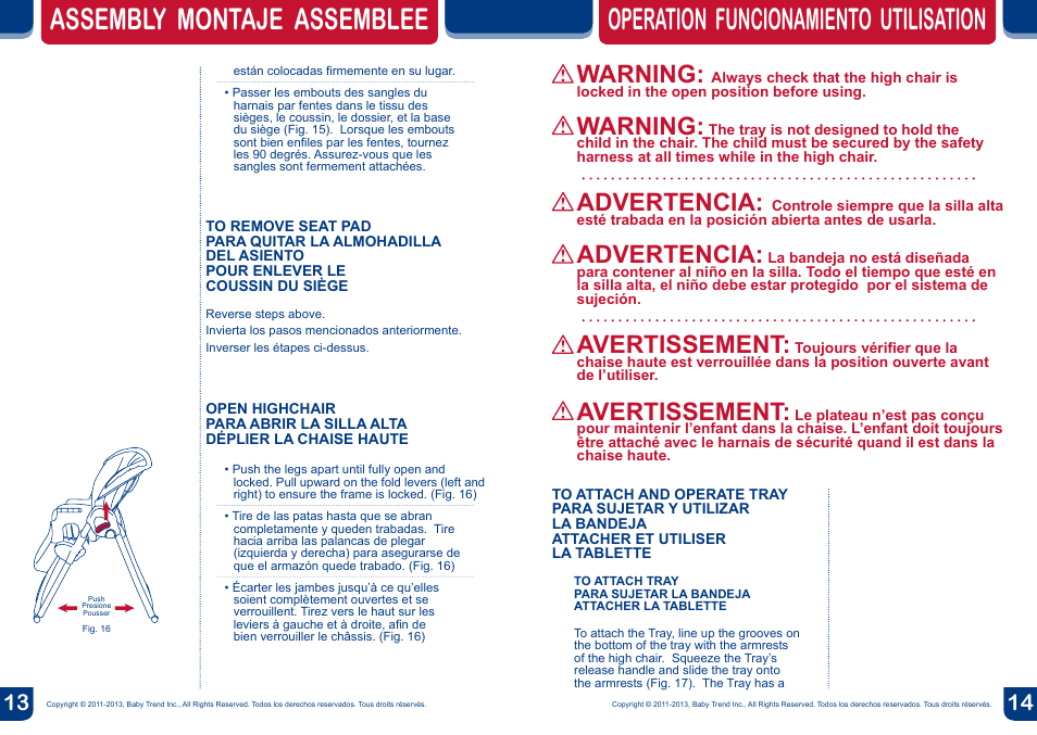 Warning, Advertencia, Avertissement | BabyTrend HC01931 - TREND HIGH CHAIR - MONKEY PLAID User Manual | Page 8 / 14