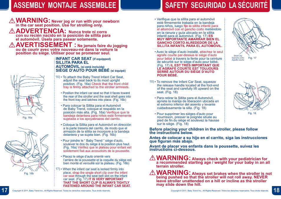 Assembly montaje assemblee, Safety seguridad la sécurité, Warning | Advertencia, Avertissement | BabyTrend JG97828 - EXPEDITION LX JOGGER - SOPHIE User Manual | Page 10 / 16