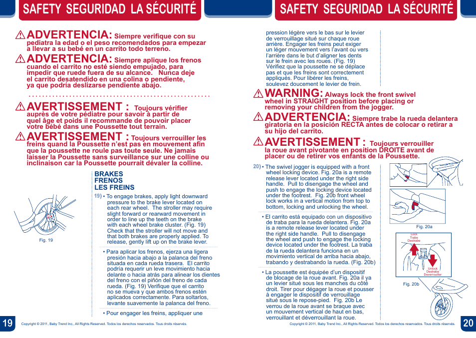 Safety seguridad la sécurité, Warning, Advertencia | Avertissement | BabyTrend JG97828 - EXPEDITION LX JOGGER - SOPHIE User Manual | Page 11 / 16