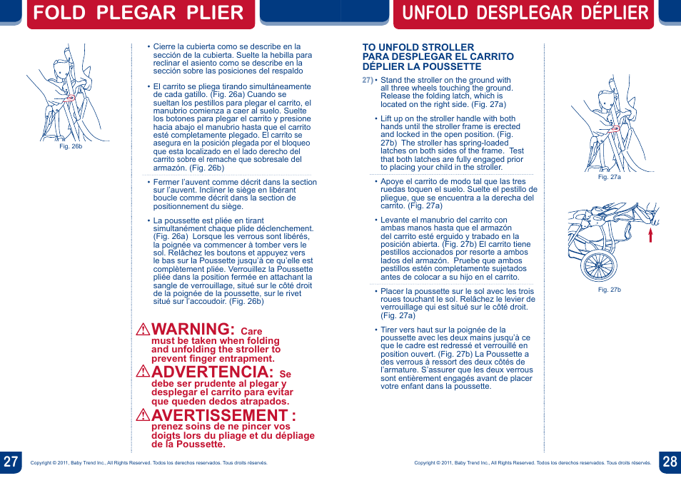 Unfold desplegar déplier fold plegar plier, Warning, Advertencia | Avertissement | BabyTrend JG97828 - EXPEDITION LX JOGGER - SOPHIE User Manual | Page 15 / 16