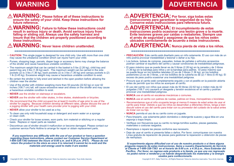 Warning, Advertencia | BabyTrend JG97828 - EXPEDITION LX JOGGER - SOPHIE User Manual | Page 2 / 16