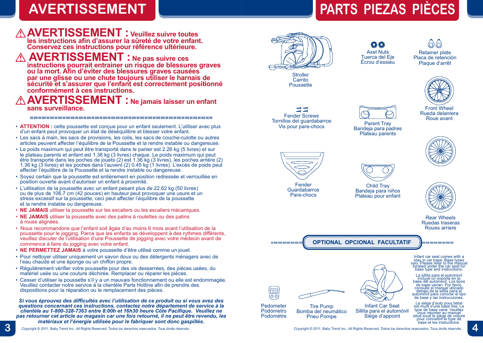 Parts piezas pièces, Avertissement | BabyTrend JG97828 - EXPEDITION LX JOGGER - SOPHIE User Manual | Page 3 / 16