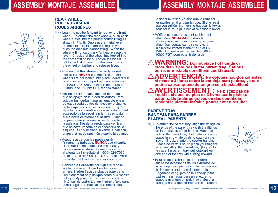 Assembly montaje assemblee, Warning, Advertencia | Avertissement | BabyTrend JG97828 - EXPEDITION LX JOGGER - SOPHIE User Manual | Page 7 / 16