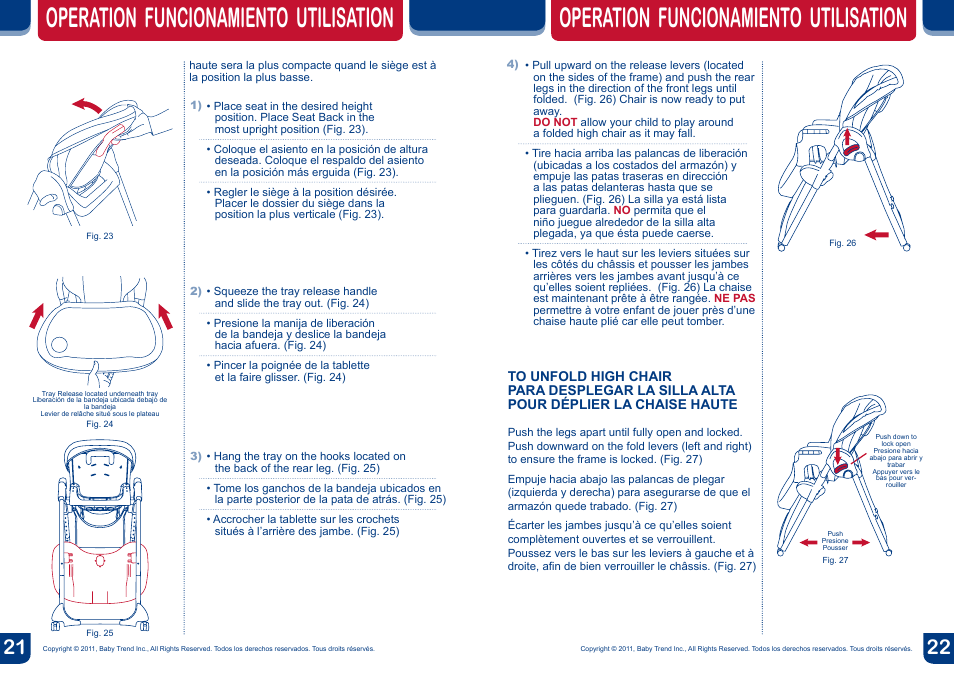 Operation funcionamiento utilisation | BabyTrend HC01959 - TREND HIGH CHAIR - HAILEY User Manual | Page 12 / 14