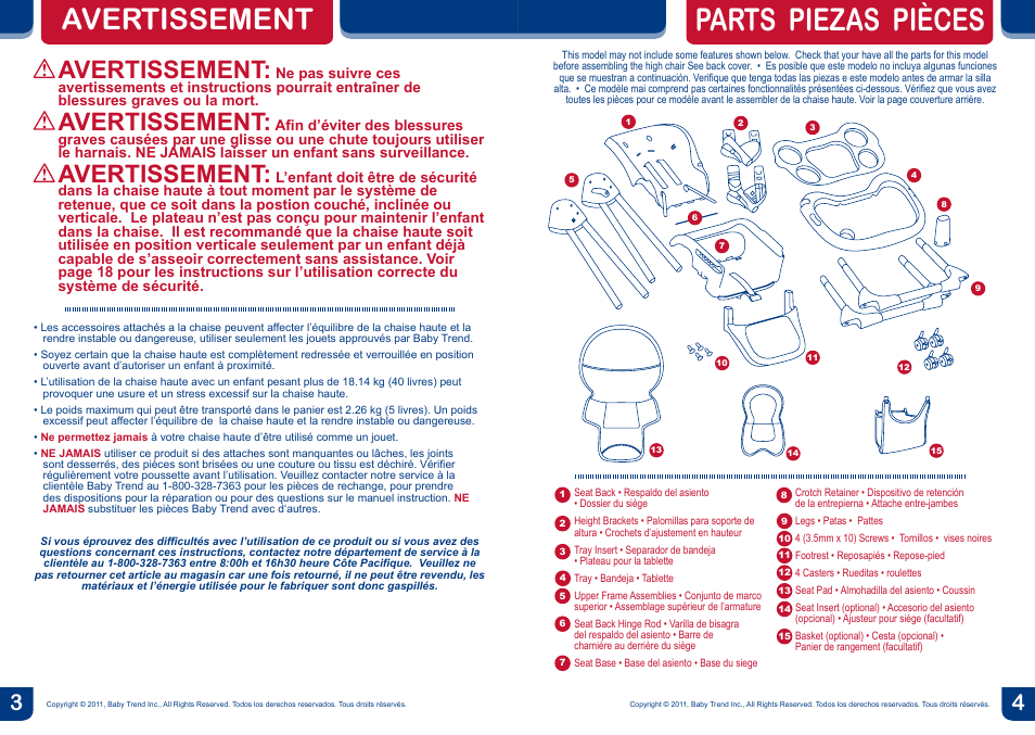 Parts piezas pièces, Avertissement | BabyTrend HC01959 - TREND HIGH CHAIR - HAILEY User Manual | Page 3 / 14