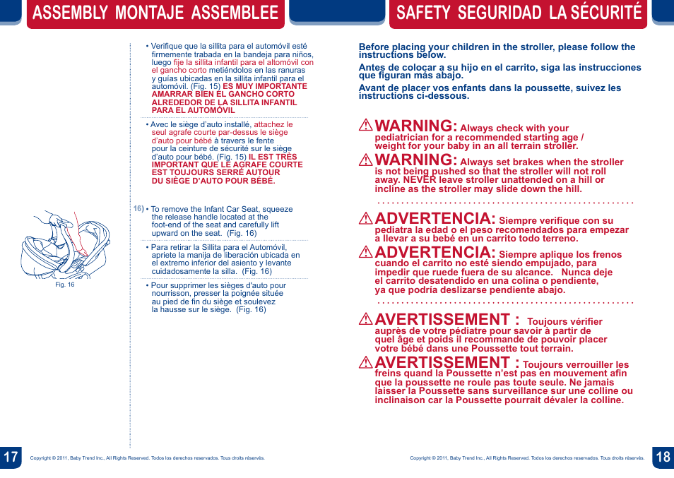 Assembly montaje assemblee, Safety seguridad la sécurité, Warning | Advertencia, Avertissement | BabyTrend JG84012 - EXPEDITION SX JOGGER - RAVEN User Manual | Page 10 / 16