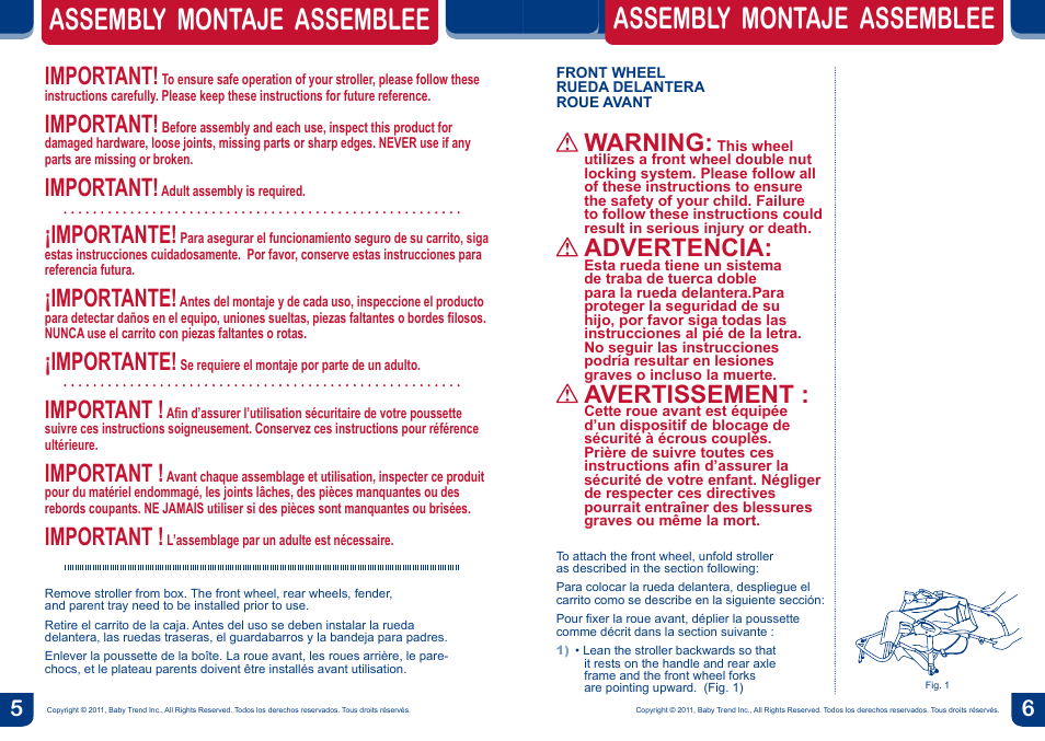 Assembly montaje assemblee, Important, Importante | Warning, Advertencia, Avertissement | BabyTrend JG84012 - EXPEDITION SX JOGGER - RAVEN User Manual | Page 4 / 16