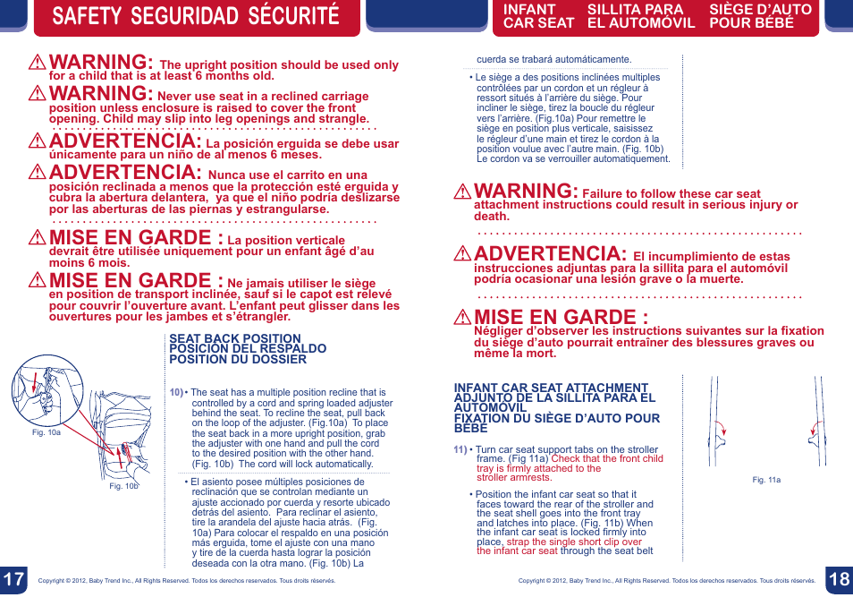 Safety seguridad sécurité, Warning, Advertencia | Mise en garde | BabyTrend TS23929 - VENTURE TRAVEL SYSTEM - IN THE JUNGLE User Manual | Page 10 / 12