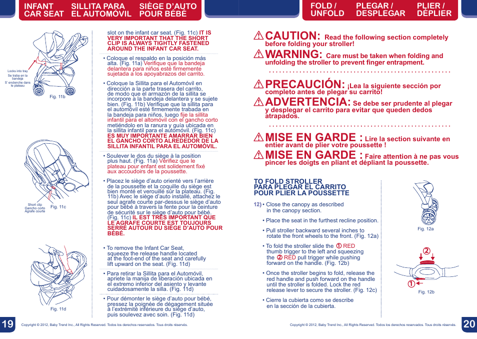 Caution, Warning, Precaución | Advertencia, Mise en garde | BabyTrend TS23929 - VENTURE TRAVEL SYSTEM - IN THE JUNGLE User Manual | Page 11 / 12