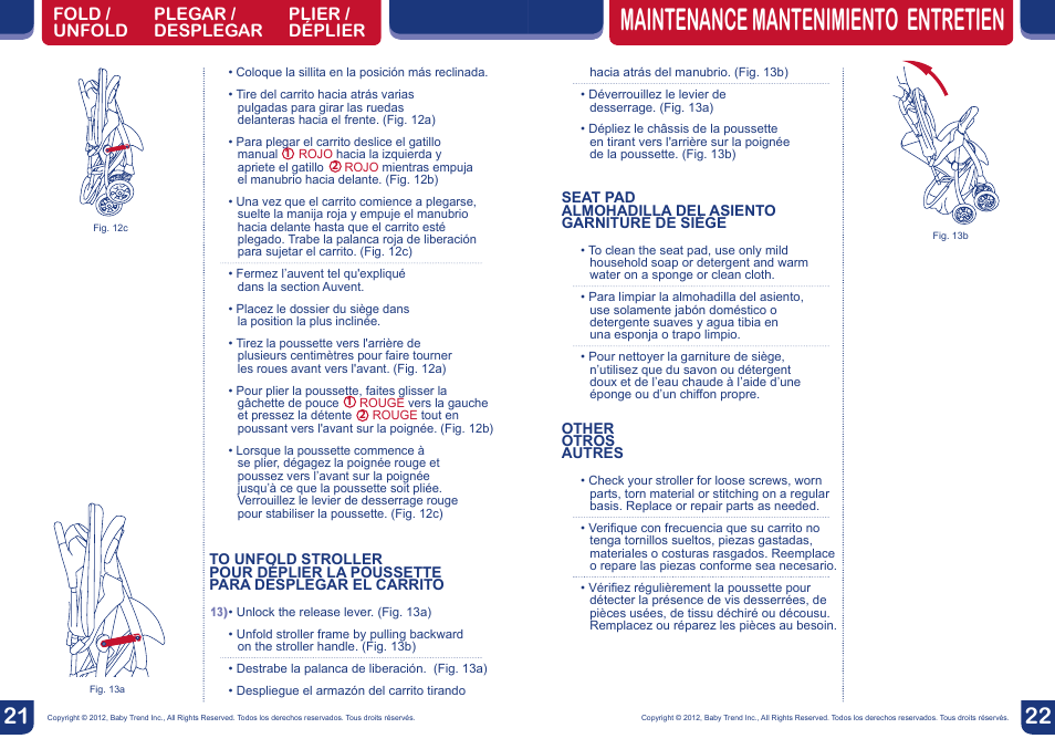 Maintenance mantenimiento entretien | BabyTrend TS23929 - VENTURE TRAVEL SYSTEM - IN THE JUNGLE User Manual | Page 12 / 12