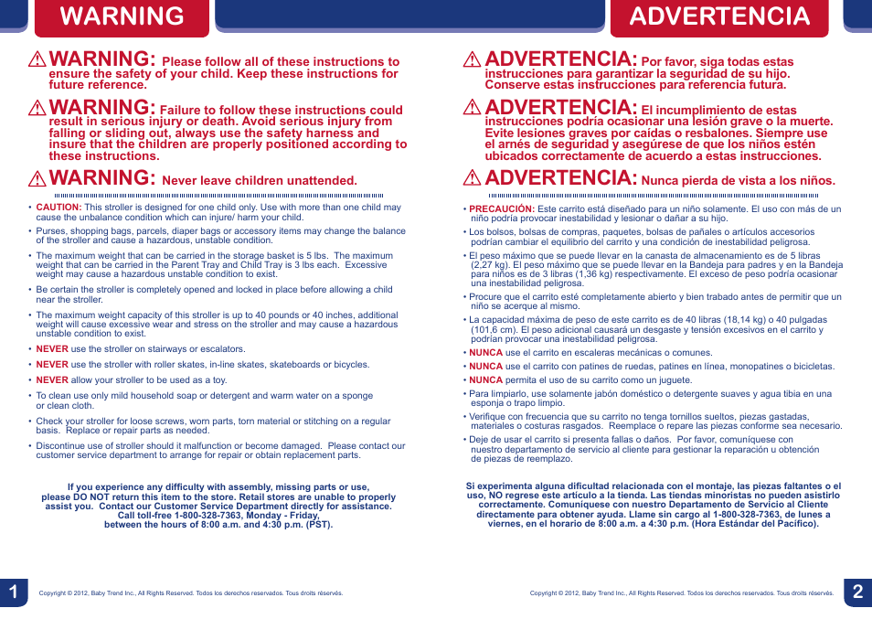 Warning, Advertencia | BabyTrend TS23929 - VENTURE TRAVEL SYSTEM - IN THE JUNGLE User Manual | Page 2 / 12