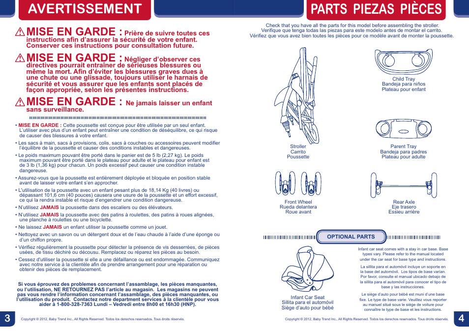 Parts piezas pièces, Avertissement, Mise en garde | BabyTrend TS23929 - VENTURE TRAVEL SYSTEM - IN THE JUNGLE User Manual | Page 3 / 12