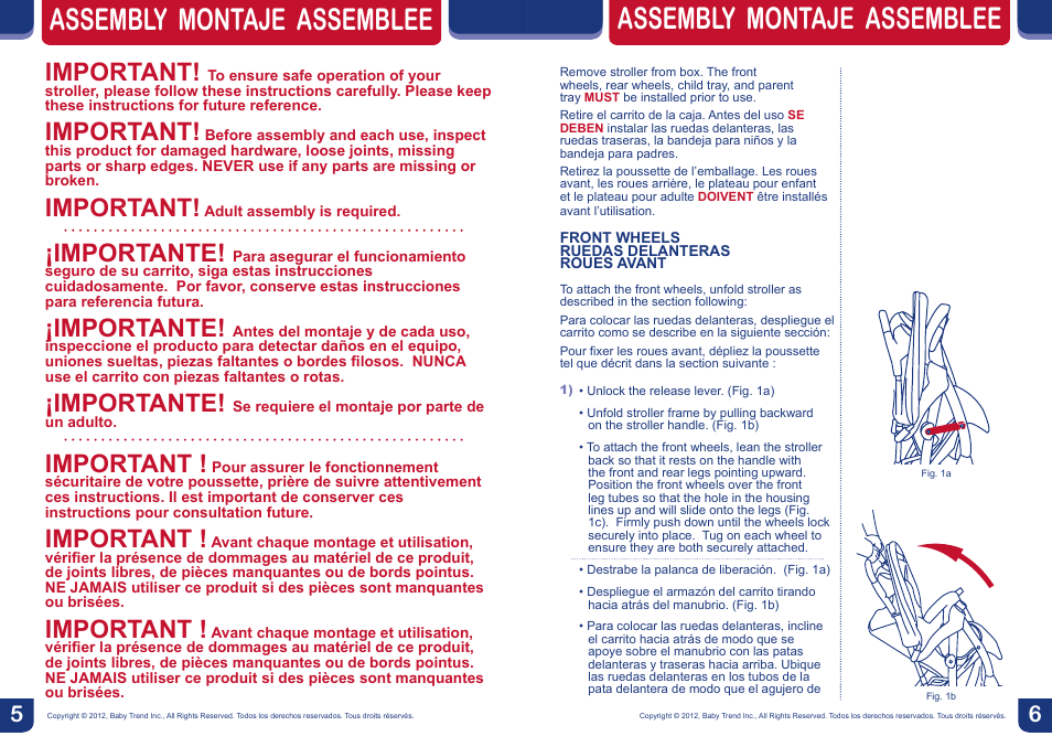 Assembly montaje assemblee, Important, Importante | BabyTrend TS23929 - VENTURE TRAVEL SYSTEM - IN THE JUNGLE User Manual | Page 4 / 12