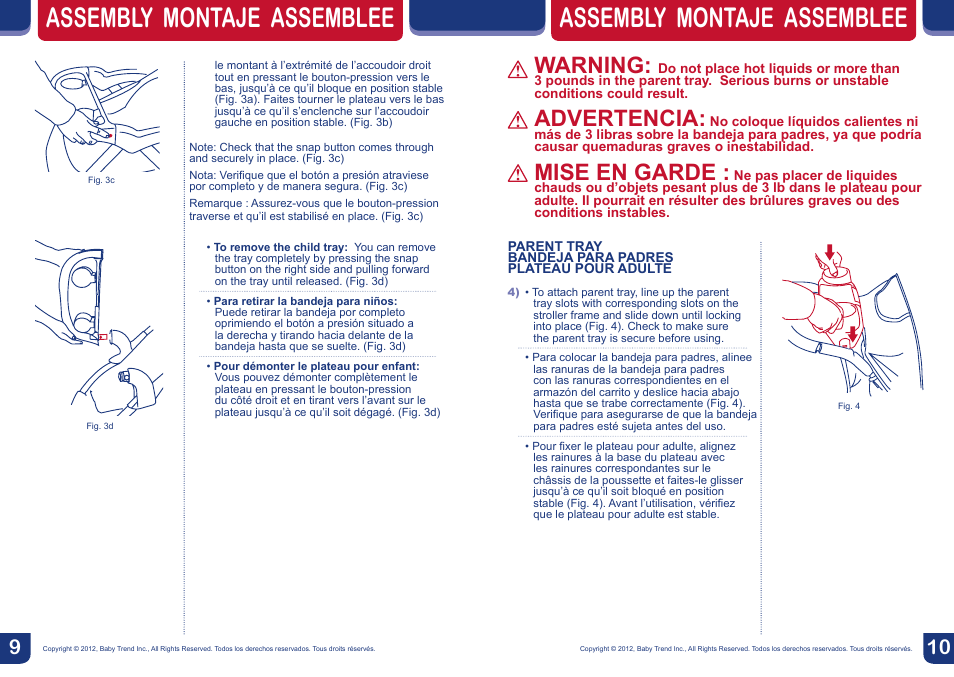 Assembly montaje assemblee, Warning, Advertencia | Mise en garde | BabyTrend TS23929 - VENTURE TRAVEL SYSTEM - IN THE JUNGLE User Manual | Page 6 / 12