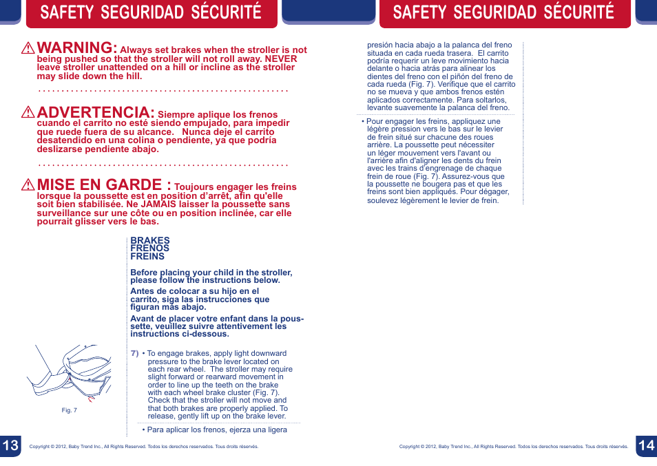 Safety seguridad sécurité, Warning, Advertencia | Mise en garde | BabyTrend TS23929 - VENTURE TRAVEL SYSTEM - IN THE JUNGLE User Manual | Page 8 / 12