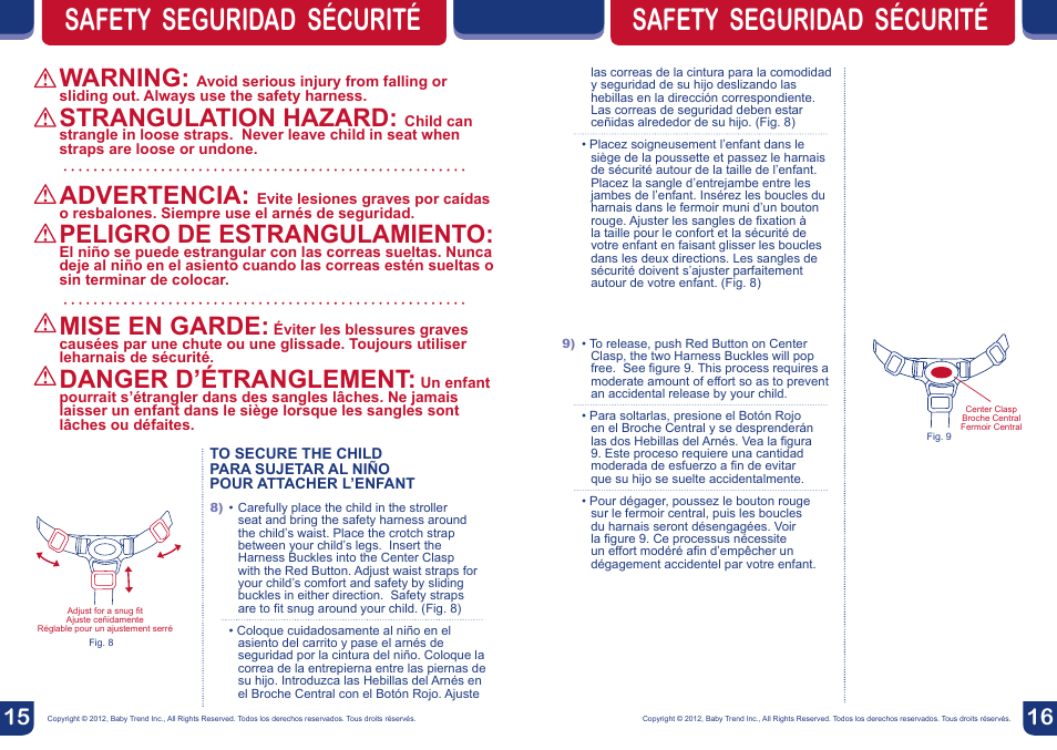 Safety seguridad sécurité, Warning, Strangulation hazard | Advertencia, Peligro de estrangulamiento, Mise en garde, Danger d’étranglement | BabyTrend TS23929 - VENTURE TRAVEL SYSTEM - IN THE JUNGLE User Manual | Page 9 / 12